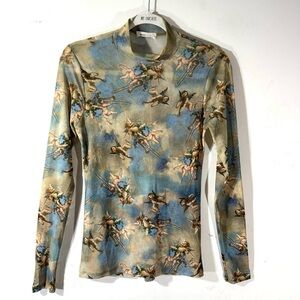 Sweet Lilac Sheer Y2K Mesh Shirt Blue Cherub print